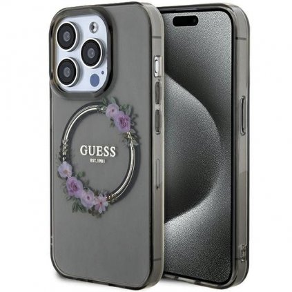 Originálne puzdro GUESS GUHMP15LHFWFCK pre iPhone 15 Pro (Compatible with Magsafe / Flowers Wreath / čierne)
