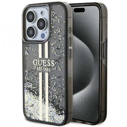 Originálne puzdro GUESS GUHCP15LLFCSEGK pre iPhone 15 Pro (Liquid Glitter zlaté Stripes / čierne)