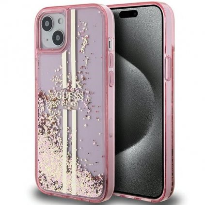 Originálne puzdro GUESS GUHCP15SLFCSEGP pre iPhone 15 (Liquid Glitter zlaté Stripes / ružové)