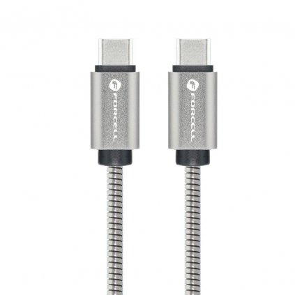 Kovové kábel FORCELL USB-C na USB-C QC4.0 5A/20V PD100W E-mark 1m strieborný (C239)