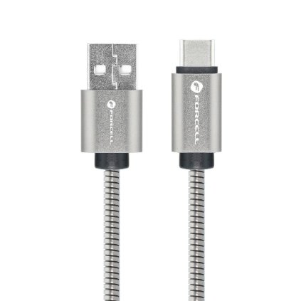 Kovový kábel FORCELL USB-A na USB-C 2.0 2,4A 1m strieborný (C234)