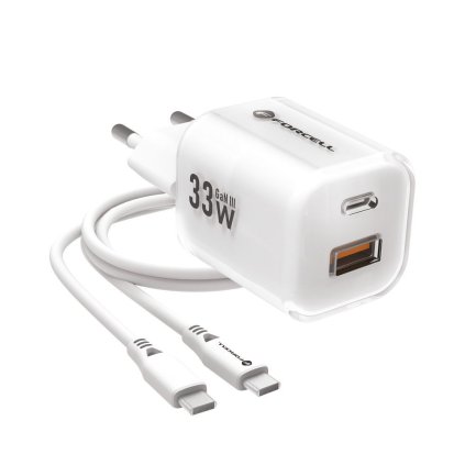 Cestovná nabíjačka FORCELL F-ENERGY Crystal Color GaN III s USB-C káblom, PD QC4.0 33W biela (VT-41)