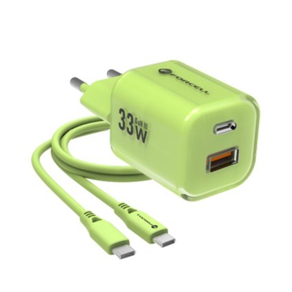 Cestovná nabíjačka FORCELL F-ENERGY Crystal Color GaN III s USB-C káblom, PD QC4.0 33W zelená (VT-41)