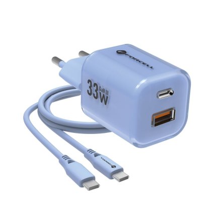 Cestovná nabíjačka FORCELL F-ENERGY Crystal Color GaN III s USB-C káblom, PD QC4.0 33W modrá (VT-41)