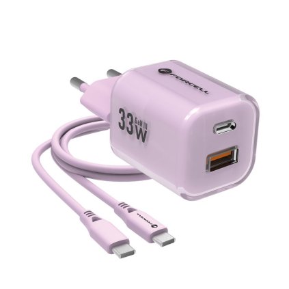 Cestovná nabíjačka FORCELL F-ENERGY Crystal Color GaN III s USB-C káblom, PD QC4.0 33W fialová (VT-41)