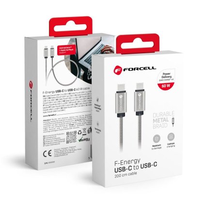 FORCELL F-ENERGY Metal C237 kábel, USB-C na USB-C (PD QC4.0 3A 60W), 2 m, strieborný