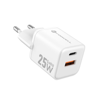 Cestovná nabíjačka FORCELL F-ENERGY Mini GaN III USB-C a USB-A, PD QC4.0 25W biela (VT-25B)