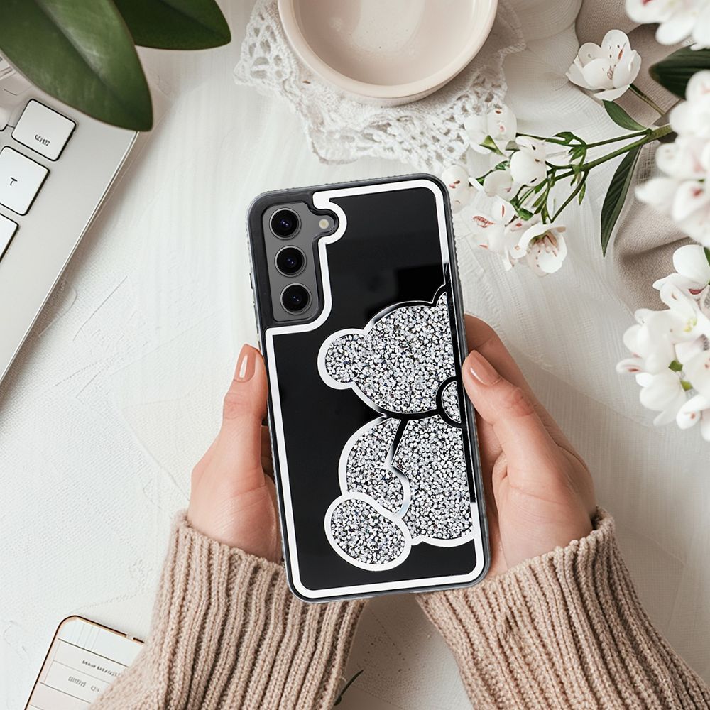 Štýlový kryt TEDDY BEAR pre SAMSUNG S25 Plus strieborný