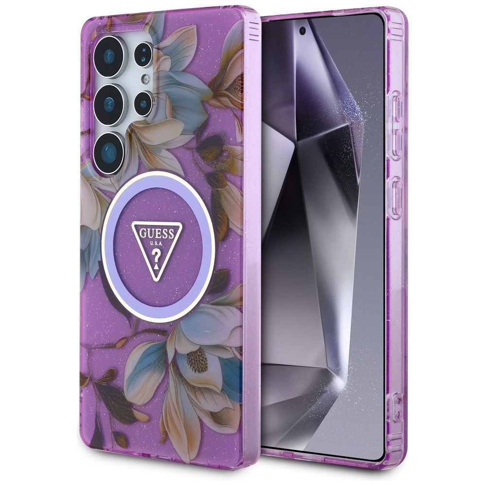 GUESS pre SAMSUNG S25 Ultra GUHMS25LHFLPEDU (Magnetic IML Metal Glitter Flowers Triangle) fialové