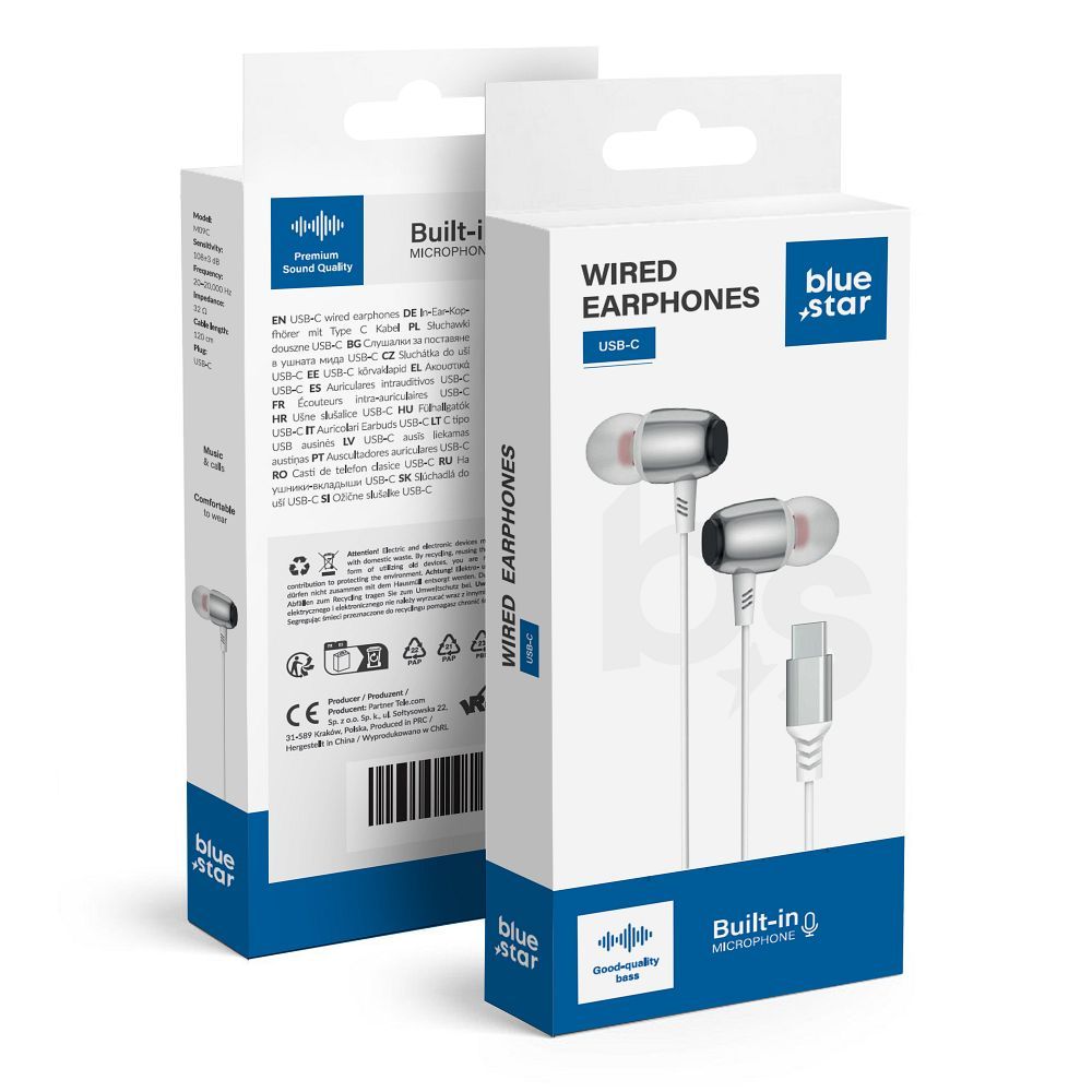 Káblové slúchadlá Blue Star M09C, USB-C (DAC), 1,2 m, biele