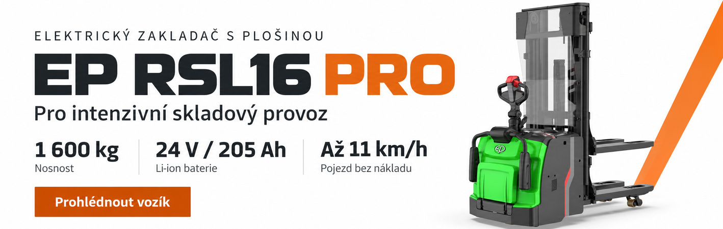 EP RSL16 PRO – elektrický zakladač s plošinou. Nosnost 1 600 kg, Li-ion baterie 24 V / 205 Ah, rychlost až 11 km/h. Prohlédnout vozík.