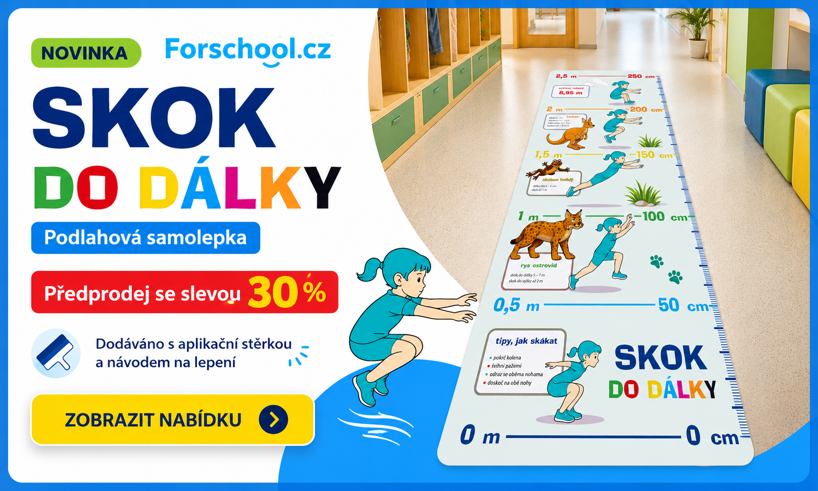 Forschool.cz – podlahová samolepka Skok do dálky, předprodej se slevou 30 %