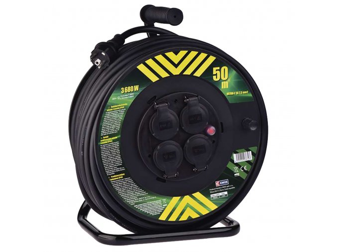 Prodlužovací gumový kabel na bubnu černý 4 zásuvky | 230V/50m, 2,5mm