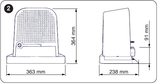 Rozmerový výkres NICE ROBO1000: šírka 363 mm, hĺbka 238 mm, výška 364 mm
