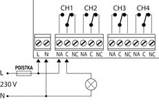 Ukážka zapojenia pre všeobecný elektrický okruh (svetlo, motor, ...)