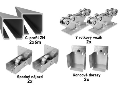 Sada pro samonosnou bránu s šířkou přejezdu nad 8,5m, C-profil 140x140x6mm, ZN, vozíky 9 rolí