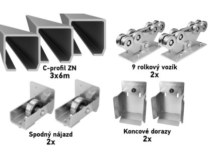 Sada pro samonosnou bránu s šířkou průjezdu do 12,5 m, C-profil 140x140x6 mm, ZN, vozíky 9 rolí