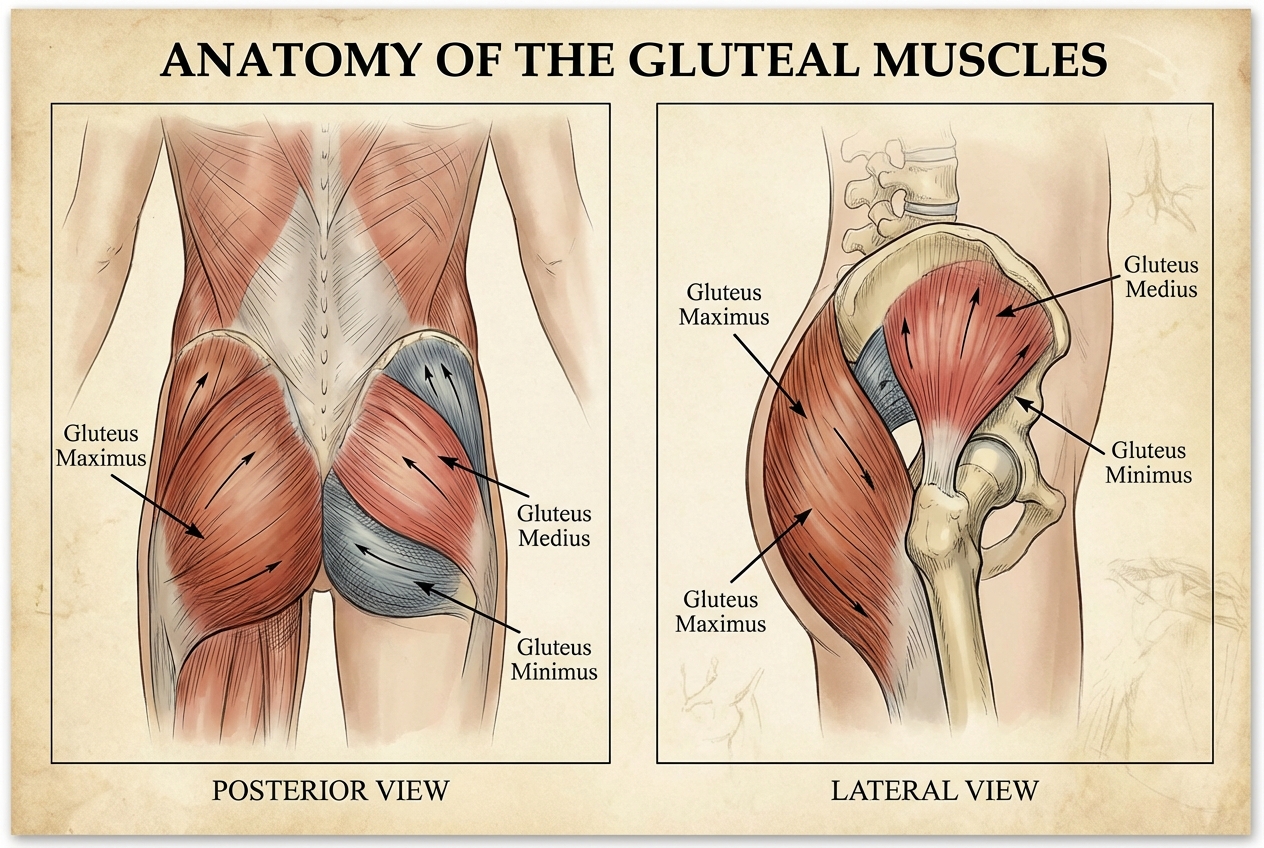 anatómia svalov zadku gluteus maximus medius minimus