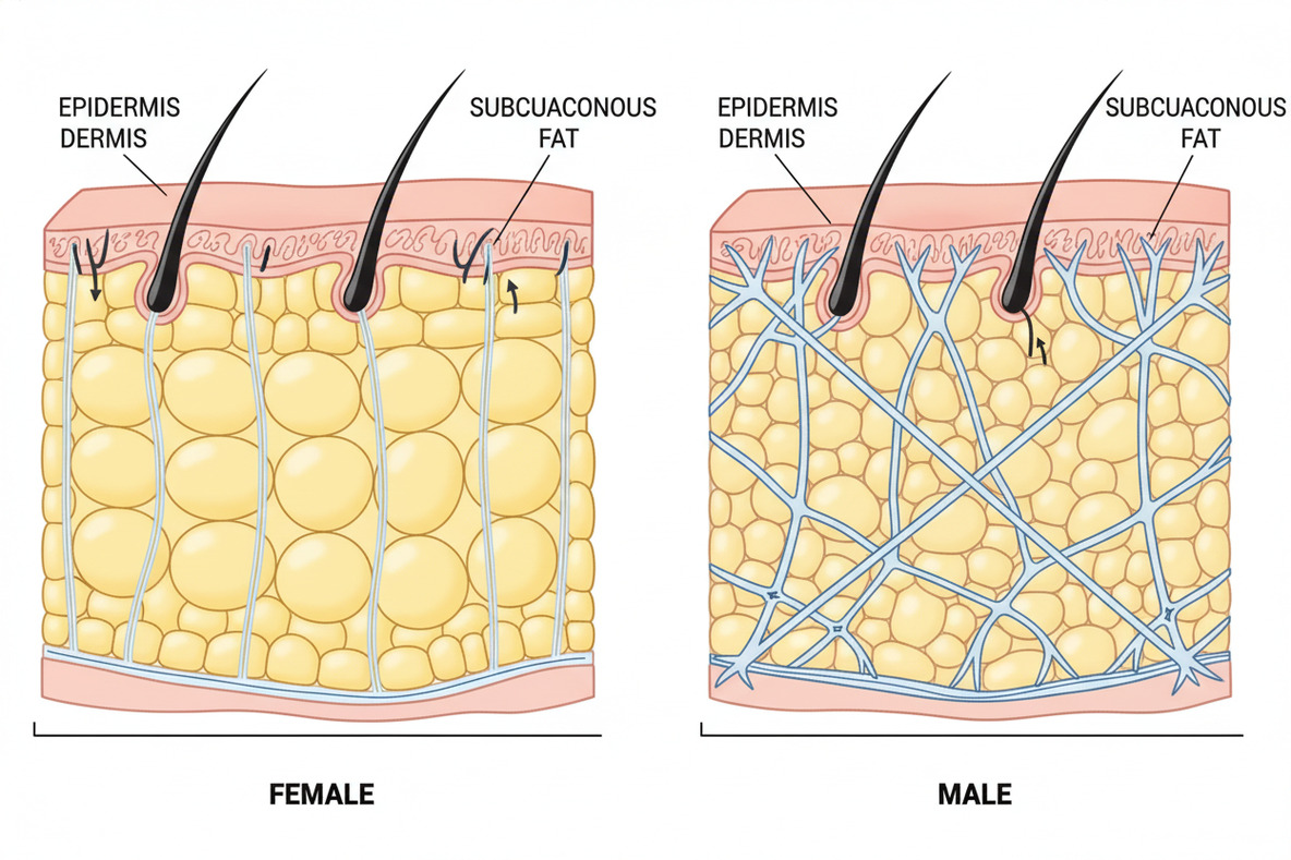 Anatomické znázornenie rozdielov v štruktúre podkožného tkaniva u žien a mužov