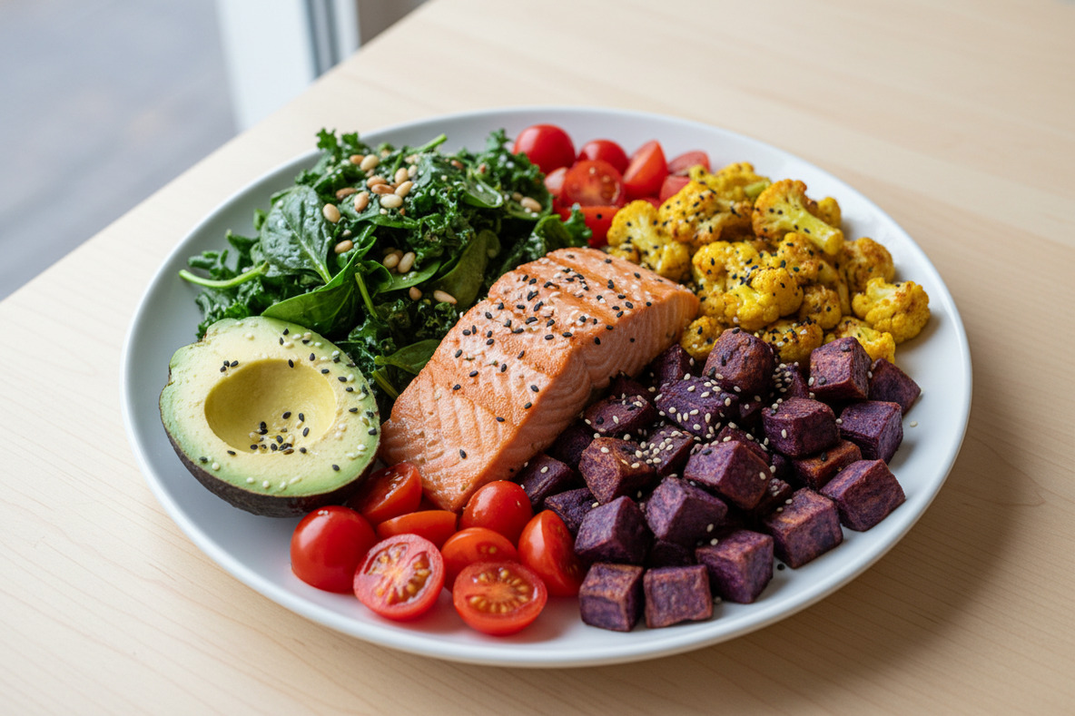 Farebný tanier so zeleninou, bielkovinami a zdravými tukmi