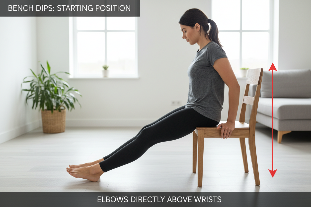 Postupnosť vykonávania bench dips s vyznačením správneho postavenia lakťov