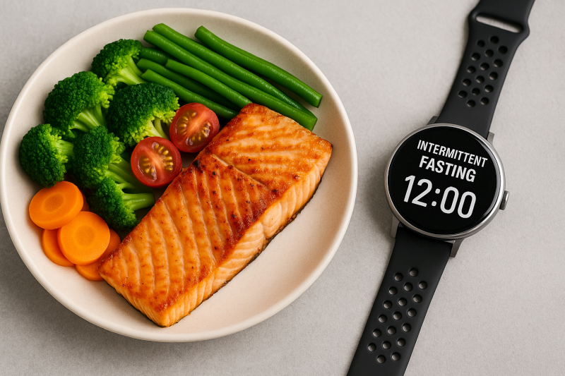 grilovaný losos so zeleninou a hodinky, ukazujúce 12: 00 a slová „intermittent fasting”