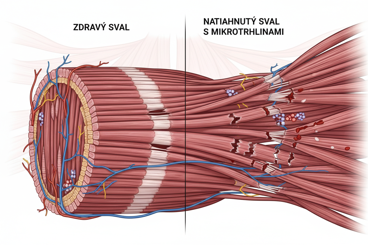 Anatomické znázornenie svalových vlákien a ich poškodenia pri natiahnutí