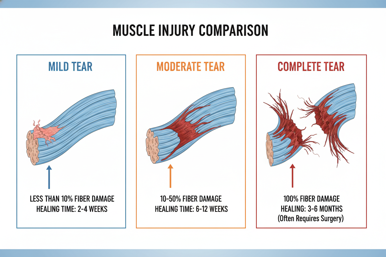 Infografika zobrazujúca tri stupne poranenia svalu