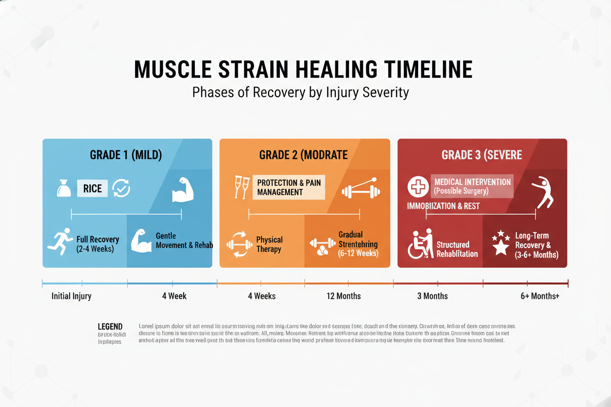 Časová os hojenia natiahnutého svalu podľa stupňov