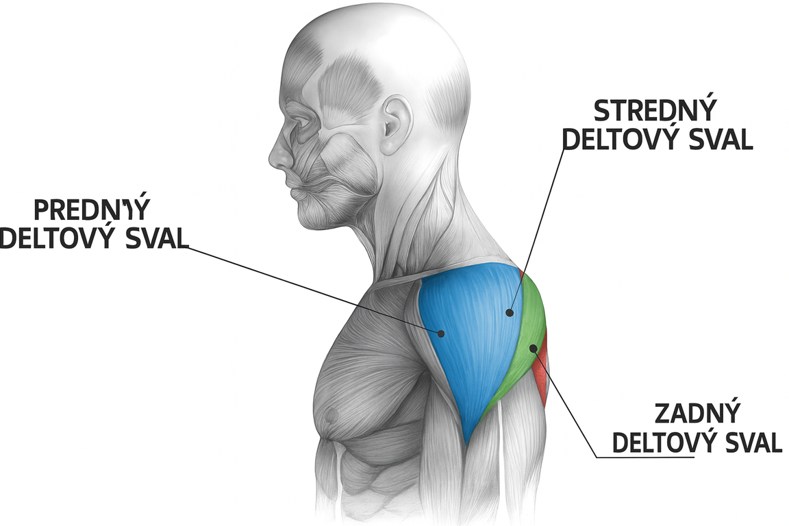 Anatómia svalu ramena s vyznačením predného, stredného a zadného deltového svalu
