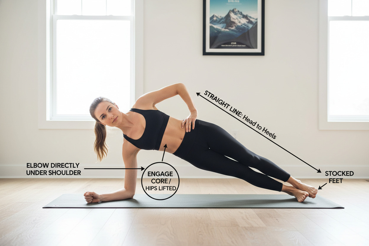 Správna technika bočného planku s označením kľúčových bodov držania tela