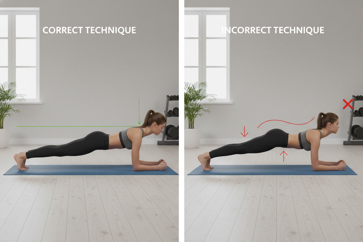 Porovnanie správnej a nesprávnej techniky planku – vedľa seba fotografie znázorňujúce najčastejšie chyby