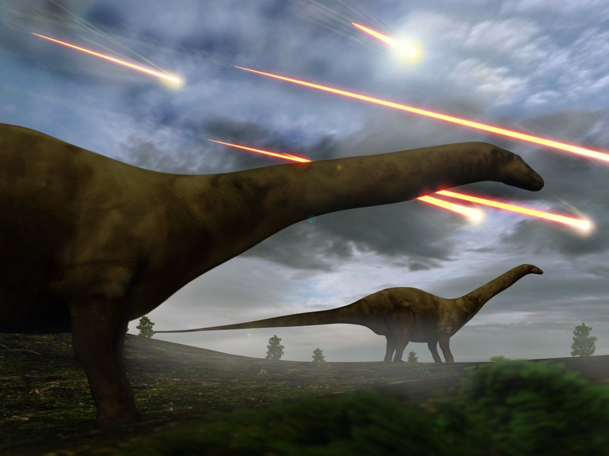 Ilustrace dinosaurů sledujících padající meteory na obloze před dopadem obřího asteroidu, který způsobil jejich vyhynutí před 65 miliony let.