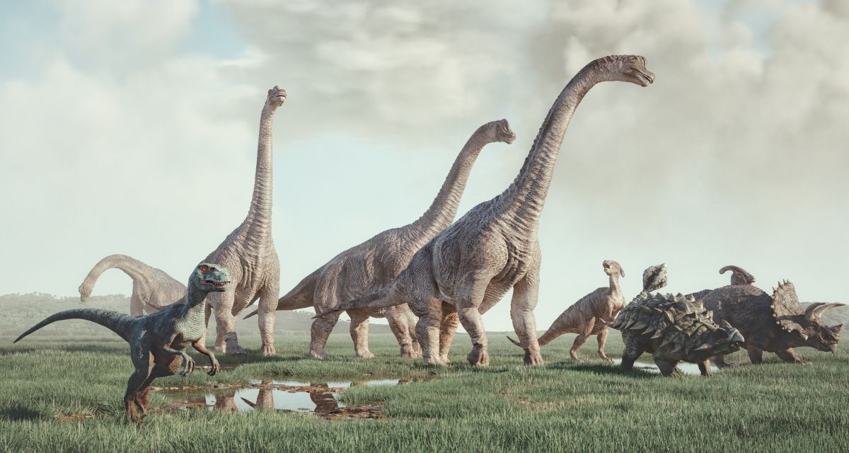 Několik druhů dinosaurů pohybujících se společně po zelené travnaté krajině pravěku.