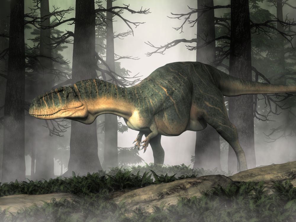 Abelisaurus dinosaurus v pravěkém lese