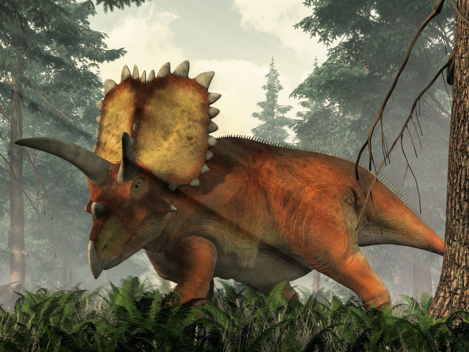 Pravěký dinosaurus Coahuilaceratops s obřími rohy v hustém zeleném lese.