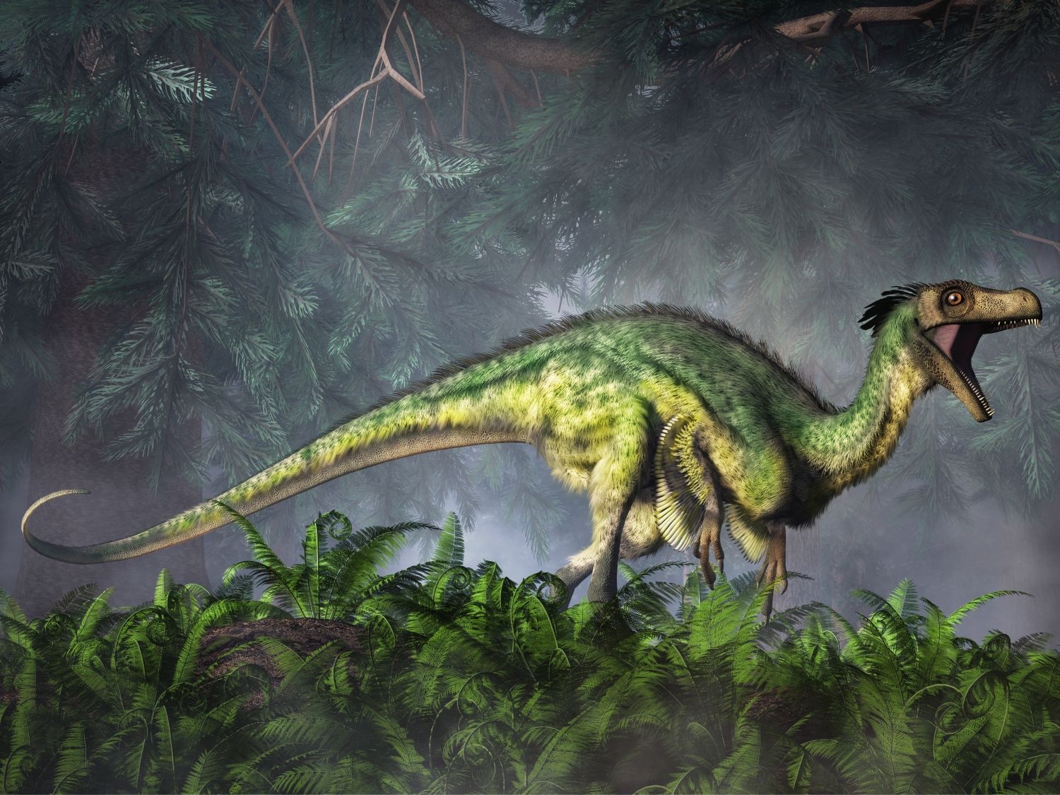 Ornitholestes, menší teropodní dinosaurus z jury, prochází hustým pralesním porostem.