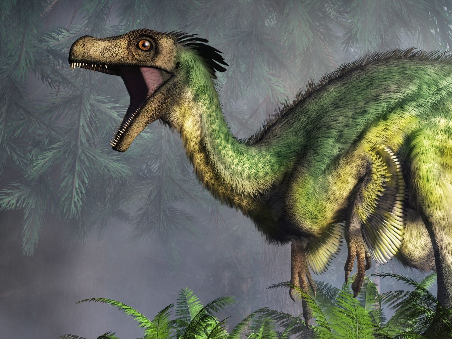 Ornitholestes malý dravý dinosaurus - detail přední části těla.