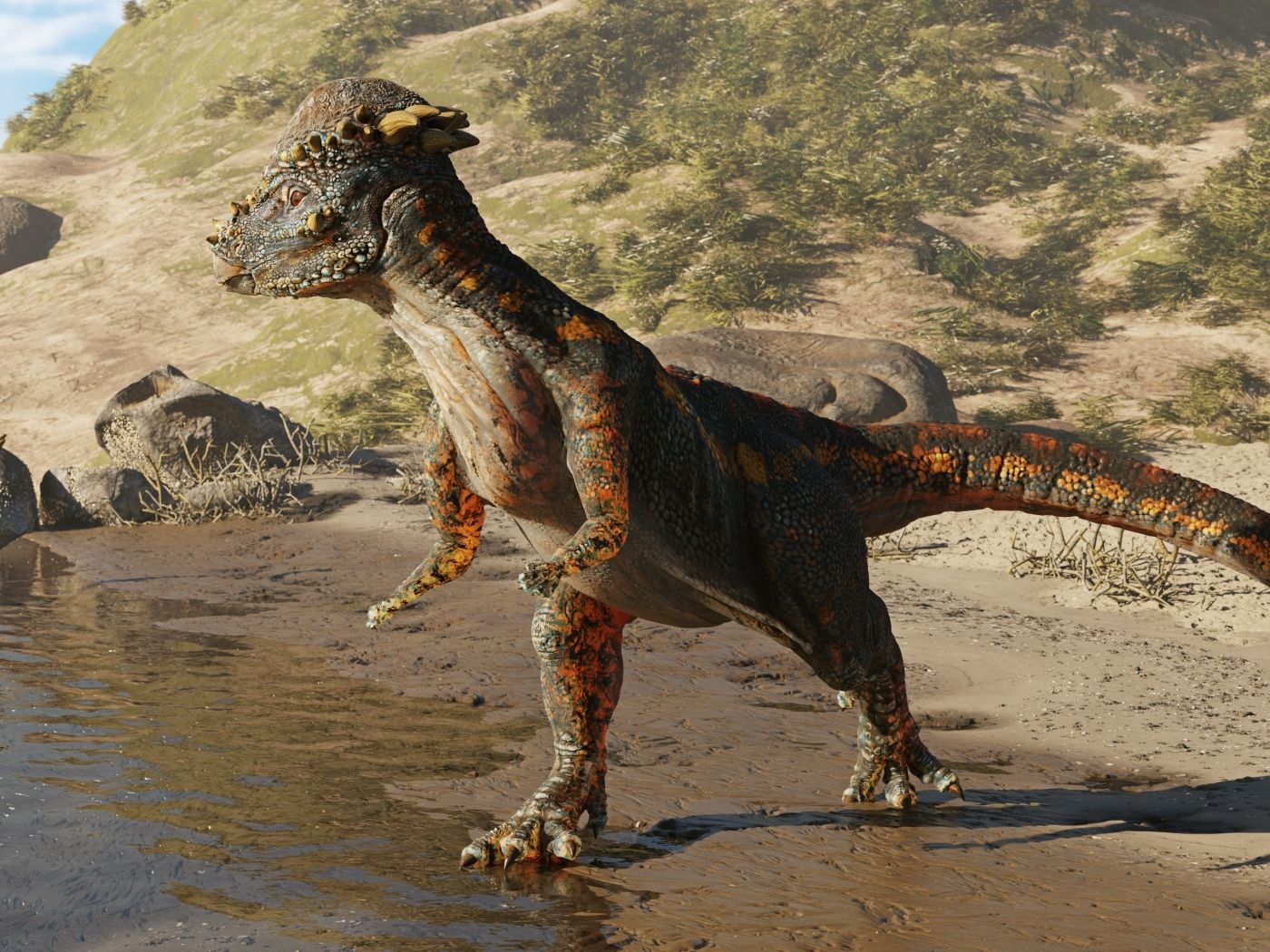 Pachycephalosaurus stojí na břehu jezera.
