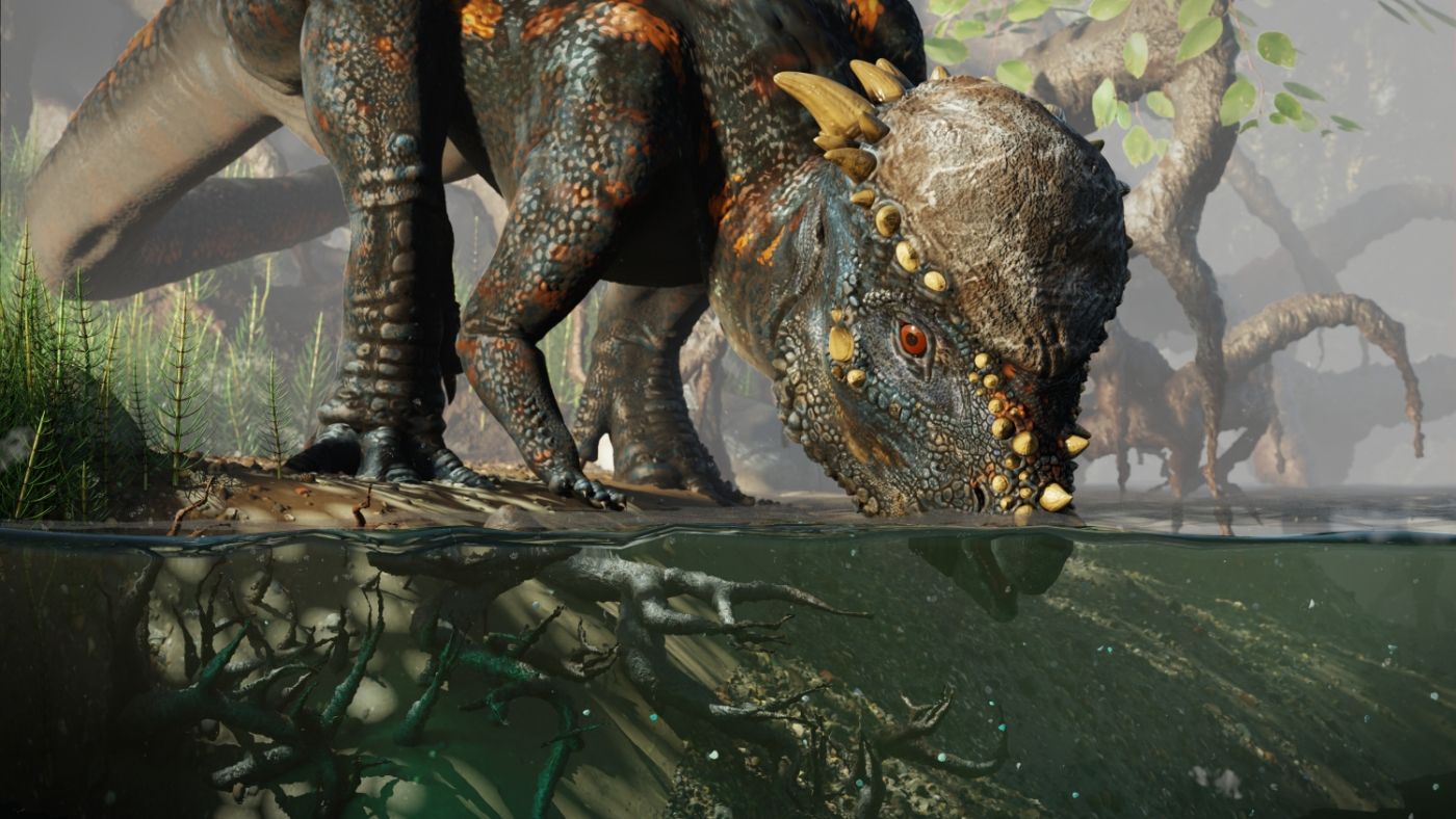 Pachycephalosaurus pije z řeky, detail hlavy.