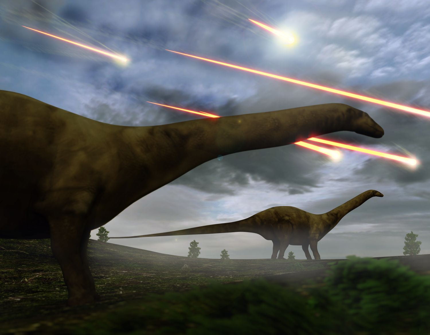 Dlouhokrcí dinosauři stojí v krajině a sledují pád meteorů přinášejících zkázu.
