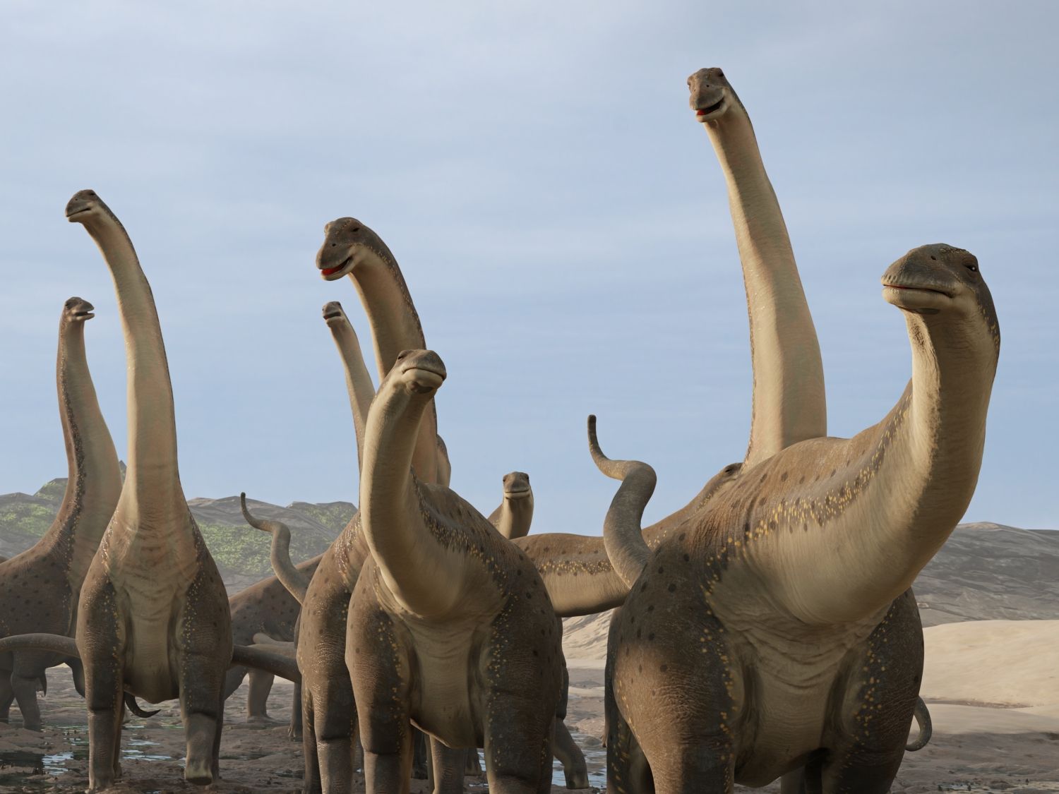 Dlouhokrcí sauropodi se pohybují ve stádu přes rozsáhlou pravěkou pláň.