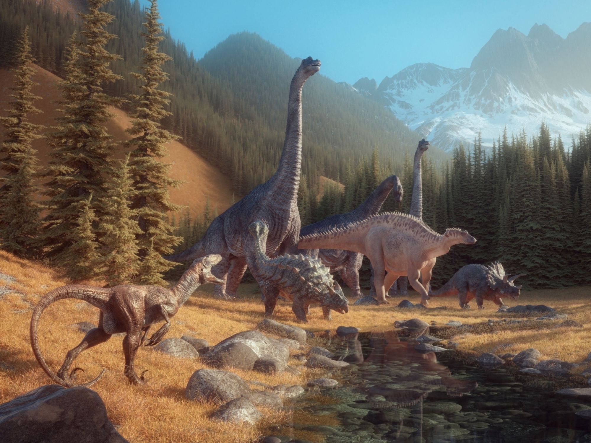 Skupina dinosaurů kráčí pravěkou krajinou s vegetací, ilustrační obrázek k článku o jejich potravě.