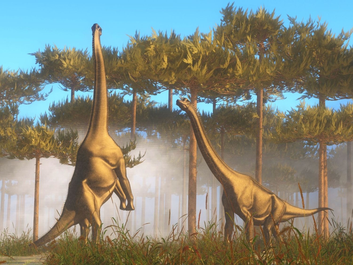 Dinosauři spásají listy z korun stromů v pravěké krajině, ilustrační obrázek k článku o potravě.