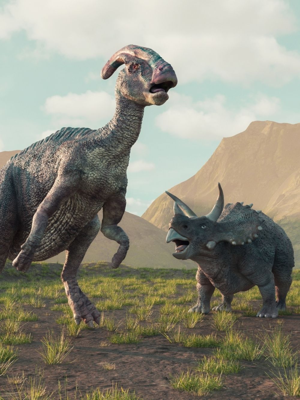 Pravěcí dinosauři v pohybu krajinou.