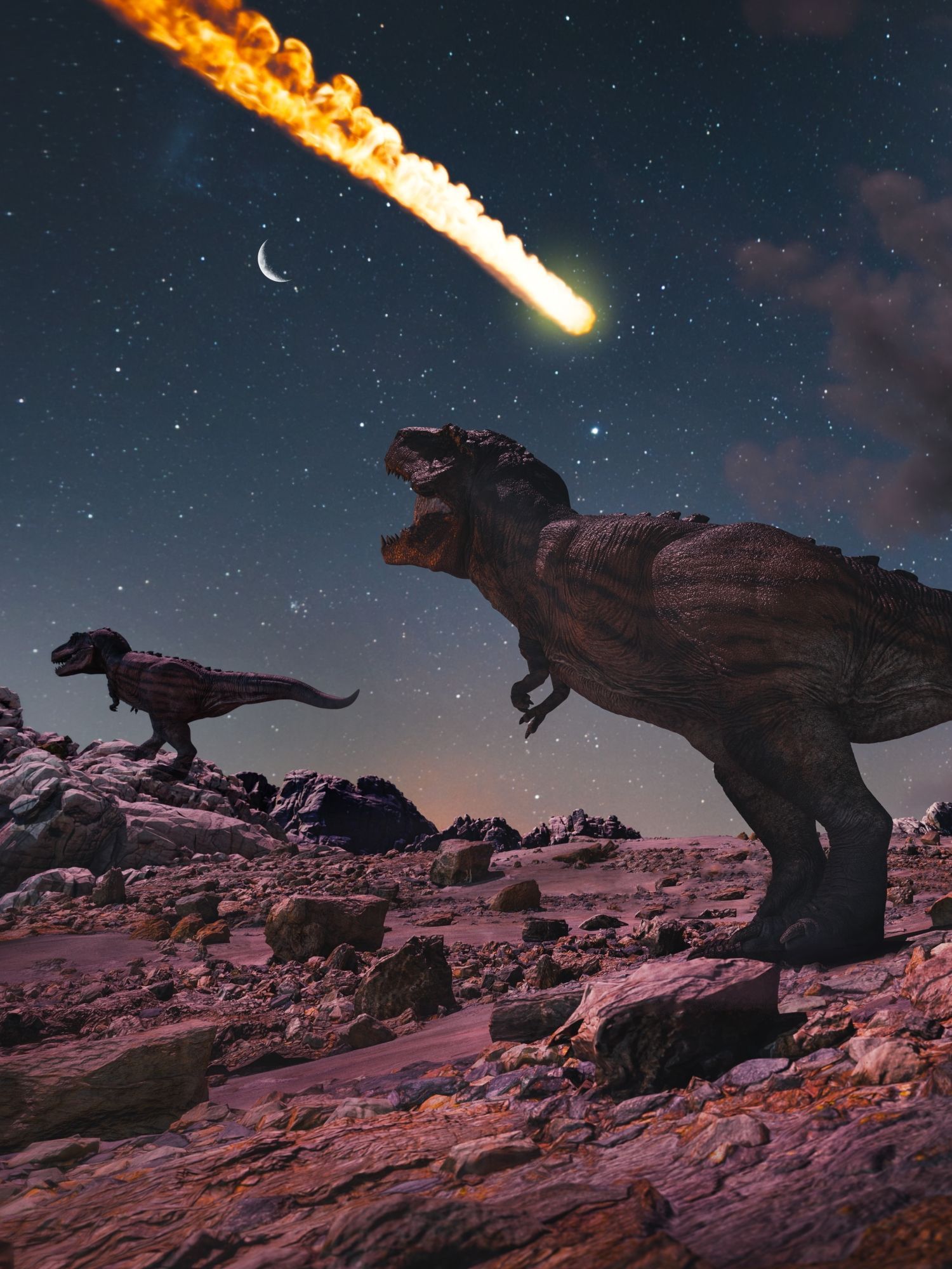 Dinosauři sledují dopad meteoritu, který způsobil jejich vymírání na konci křídy.