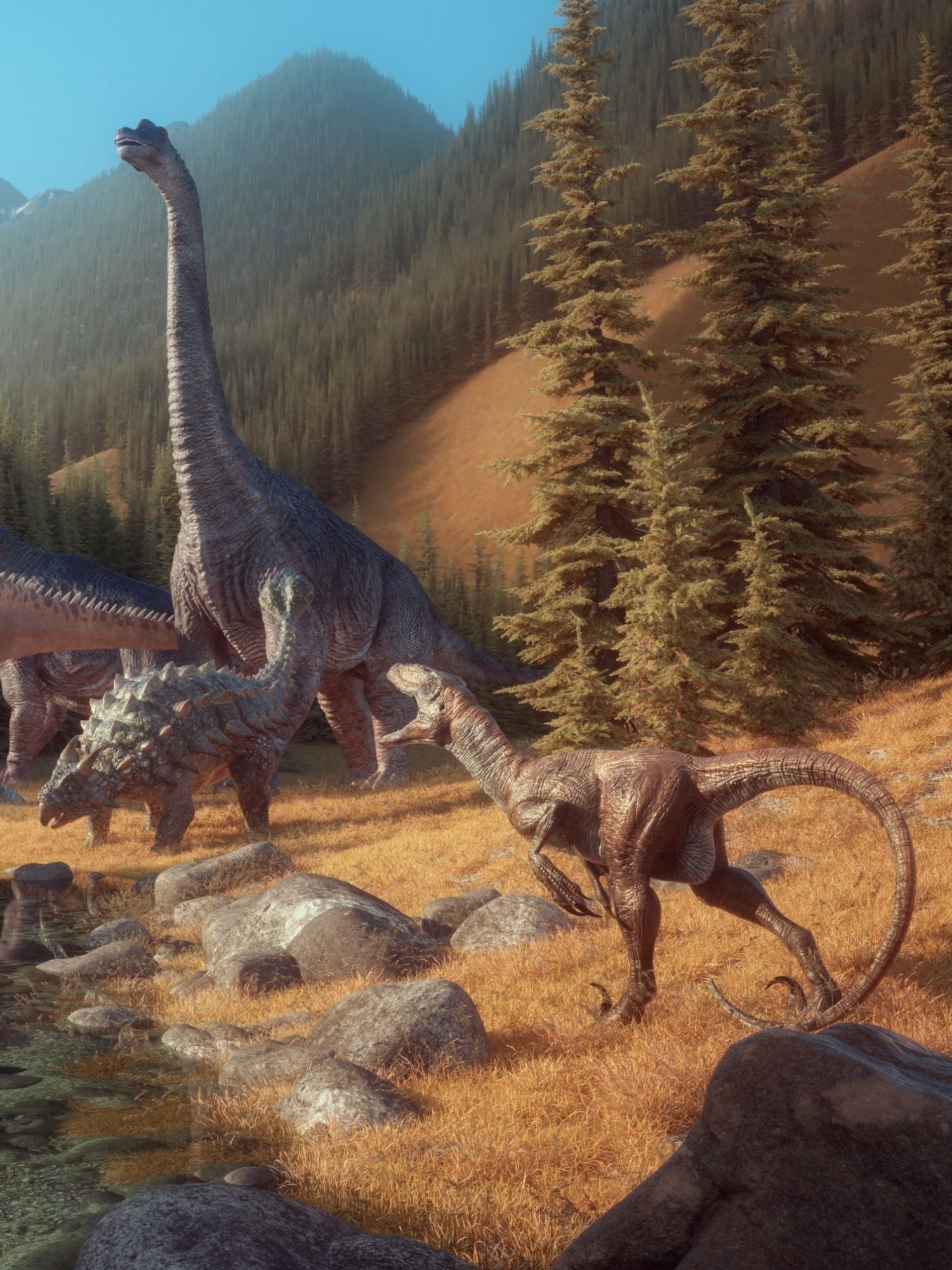 Skupina různých druhů dinosaurů v pravěké krajině.