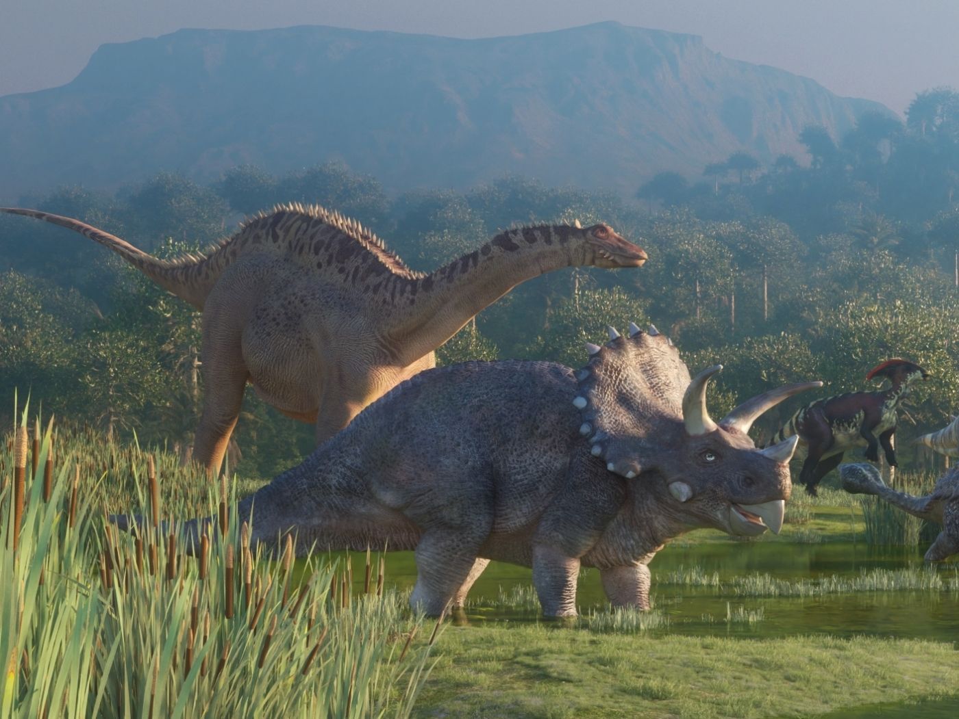 Různí dinosauři v druhohorní krajině.