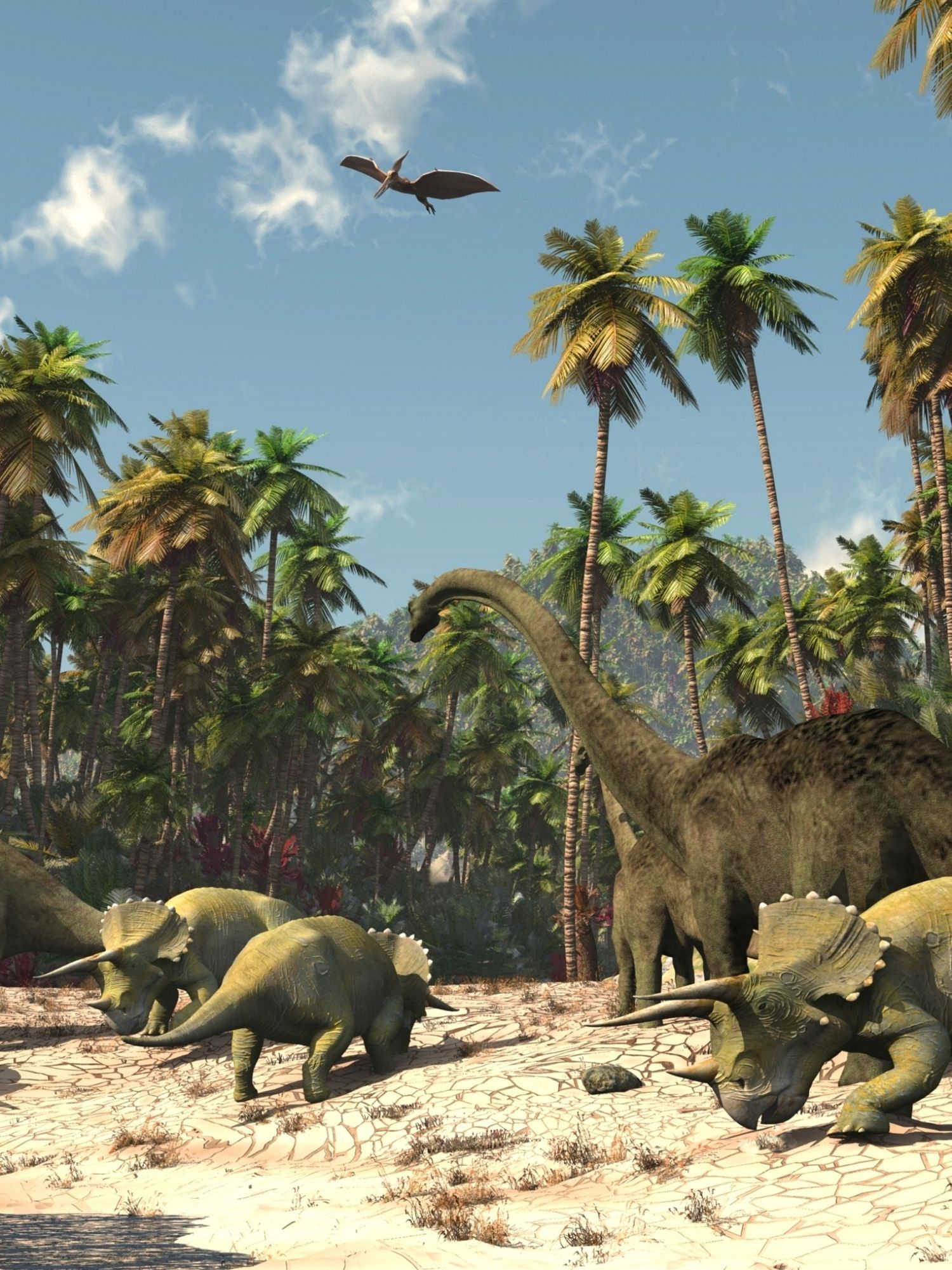 Skupina dinosaurů, dva sauropodi a tři triceratopsi, u jezera v pravěkém lese.
