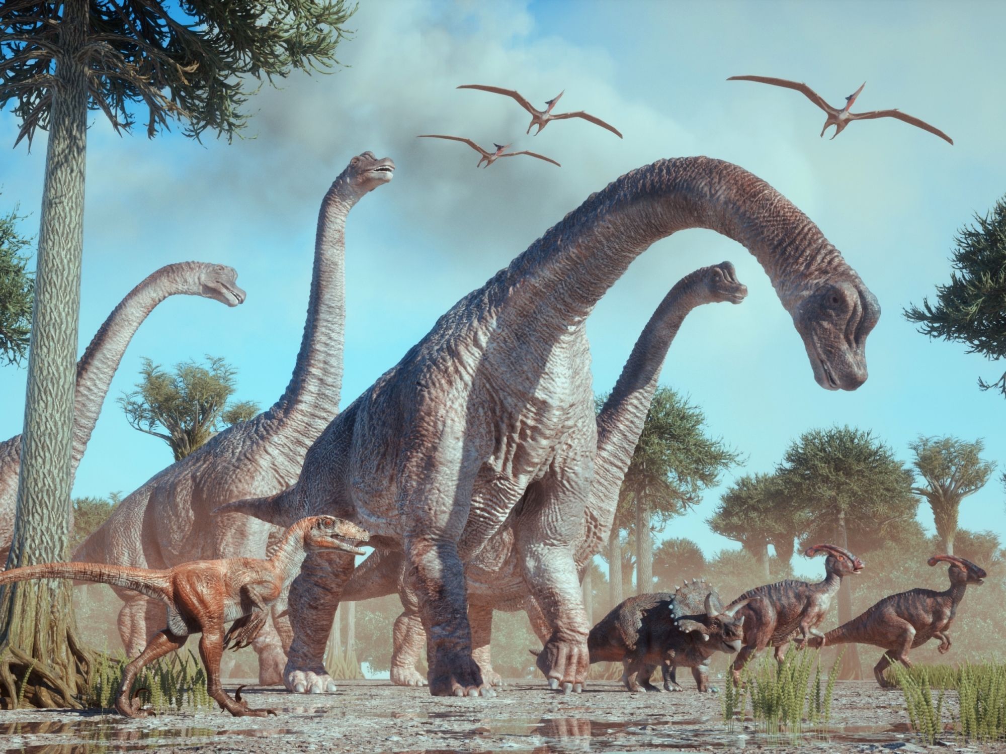 Skupina velkých dinosaurů kráčí pravěkou krajinou, pod nimi menší druhy dinosaurů.